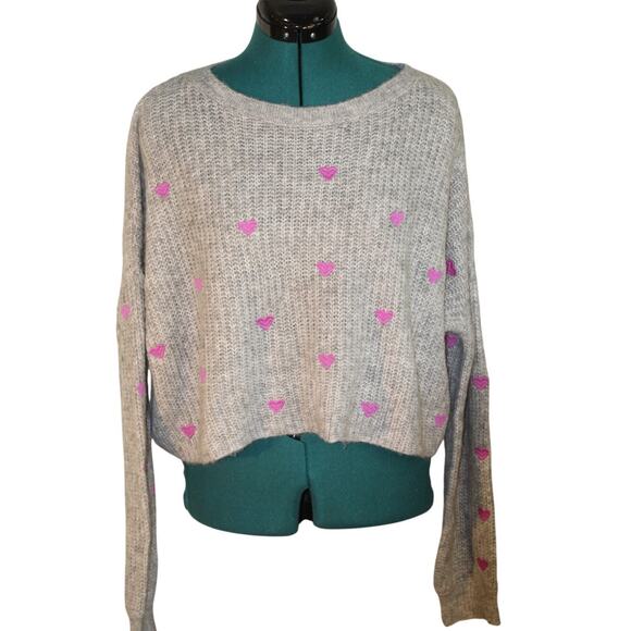 NWT Saltwater Luxe Heart Sweater Gray Pink Embroidered Cropped Women M - Picture 3 of 6